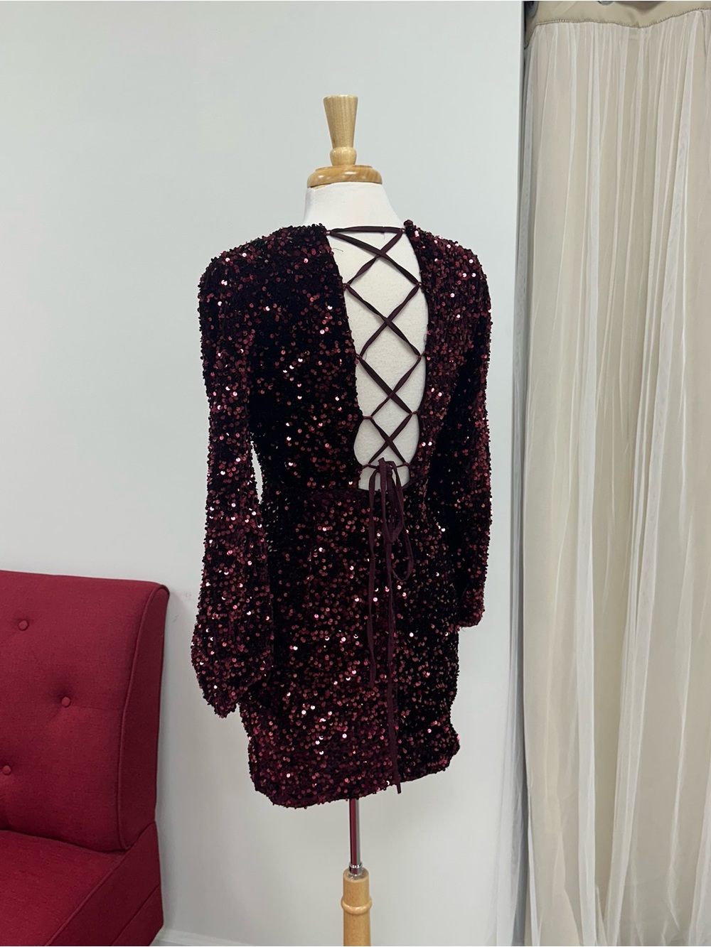 Medium Burgundy Long Sleeve Lace-Up Open Back Sequin Mini Dress